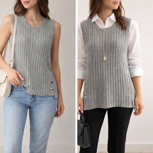 POL Gray Ribbed Buttoned Tank Top